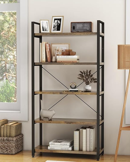 Panana 5 Tier Industrial Rustic Wooden Bookshelves, Vintage Open Wood and Metal Farmhouse Bookshelf Heavy Duty Storage Shelving Unit Rack (Brown) - LeafyLoom