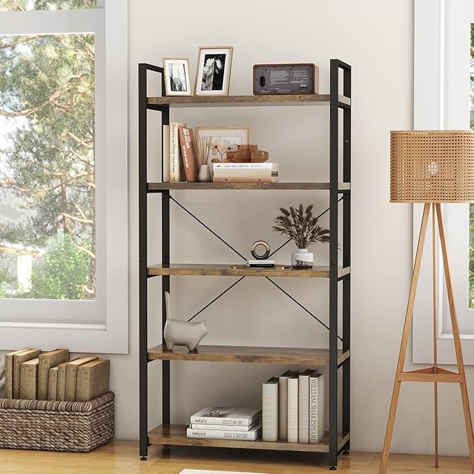 Panana 5 Tier Industrial Rustic Wooden Bookshelves, Vintage Open Wood and Metal Farmhouse Bookshelf Heavy Duty Storage Shelving Unit Rack (Brown) - LeafyLoom