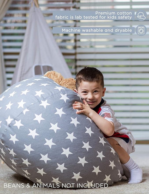 Aubliss Stuffed Animal Storage Bean Bag Chair Cover Only for Plush Toys, Blankets, X-Large 48"-Canvas Stars Grey - LeafyLoom