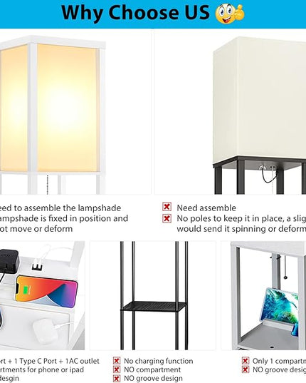 SHINE HAI LED Shelf Floor Lamp, Modern Standing Lamp with 1 USB Port and 1 Type C Port and 1 Power Outlet, 3-Tiered Display Floor Lamps with Shelves for Living Room, Bedroom, Office - White - LeafyLoom