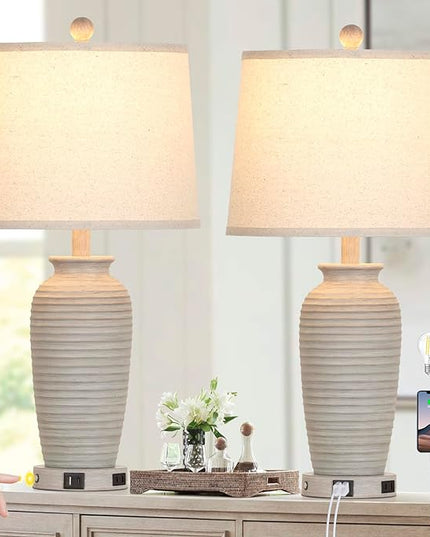 25" Farmhouse Jar Table Lamps Set of 2, 3 Way Touch Control Rustic Bedside Lamps with USB A+C Ports & AC Outlet, Pot Nightstand Lamps for Bedroom Living Room (LED Bulbs Included) - LeafyLoom