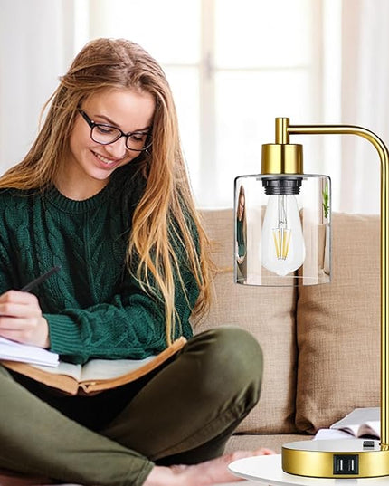 Industrial Touch Control Table Lamps Set of 2 - Gold Nightstand Bedside Lamps with 2 USB Ports & AC Outlet, 3-Way Dimmable Desk Lamp for Bedroom Living Room, Glass Shade & 2 LED Bulbs Included - LeafyLoom