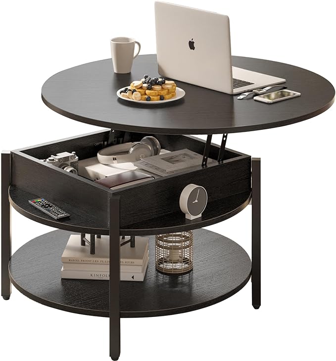 FABATO Round Lift Top Coffee Table with Storage and Hidden Compartment, 26.77'' Farmhouse Coffee Table for Living Room Reception Room, 2 Tier Small Round Coffee Table Circle Dining Table, Black - LeafyLoom