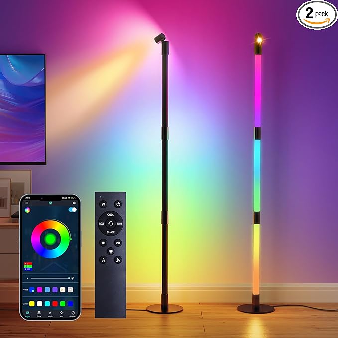 Brightown LED Floor Lamp, Smart RGB Corner Lamp with App and Remote Control, 16 Million Colors, Music Sync, Timer Setting, 360° Rotatable Tube - Ideal for Bedroom, Living Room, Home Office, 2 Pack - LeafyLoom