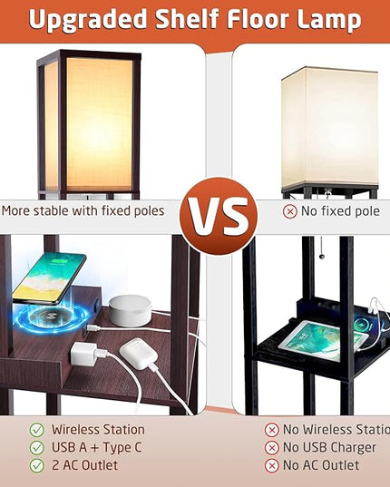 Floor Lamp with Wireless Charger, Modern Shelves Floor Lamp with USB A+C Ports & 2 AC Outlets,3 Color Temperature Corner Floor Lamps for Living Room Bedroom Office - LeafyLoom