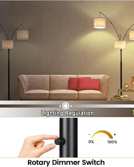 Dimmable Arc Floor Lamps for Living Room-Modern 3 Lights Floor Lamp, Mid Century Tall Standing Reading Lamp with Heavy Base 360° Adjustable Hanging Beige Shades for Bedroom Office Include Bulbs - LeafyLoom