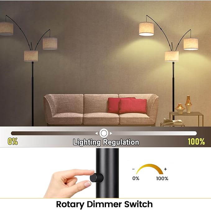 Dimmable Arc Floor Lamps for Living Room-Modern 3 Lights Floor Lamp, Mid Century Tall Standing Reading Lamp with Heavy Base 360° Adjustable Hanging Beige Shades for Bedroom Office Include Bulbs - LeafyLoom