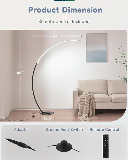 LEDIARY Arc Floor Lamp 65" Modern Standing Lamp with Remote, Black LED Arch Lamps for Living Room Bedroom Office, 3 Color Temperature & Stepless Dimmable Arched Reading Lamp - LeafyLoom