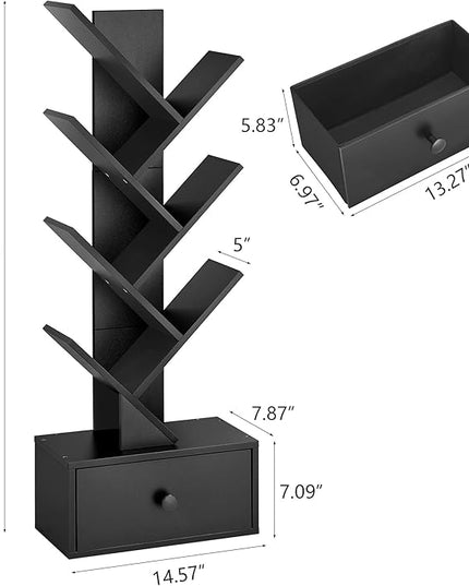 7 Tier Tree Bookshelf with Drawer, Tree Bookcase with Storage, Modern Floor Standing Bookshelves Organizer for Bedroom, Living Room, Home Office, Black - LeafyLoom