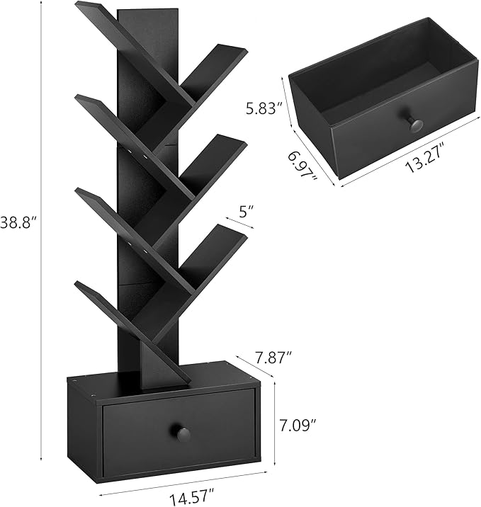 7 Tier Tree Bookshelf with Drawer, Tree Bookcase with Storage, Modern Floor Standing Bookshelves Organizer for Bedroom, Living Room, Home Office, Black - LeafyLoom