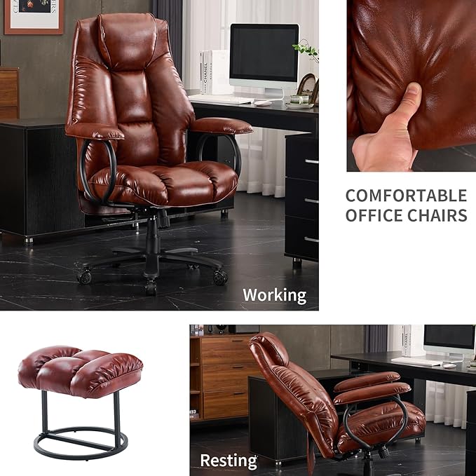 Office Chair Big and Tall, High Back Home Office Chair 400 lbs, Executive Desk Chair, Ergonomic Office Chair with Padded Armrest, Swivel Computer Chair PU Leather (Brown) - LeafyLoom