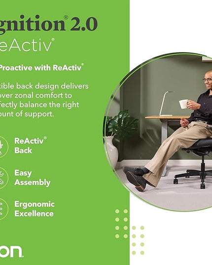 HON Ignition 2.0 ReActiv Office Chair Ergonomic Open Mesh-Style Back for High Airflow & Flex Support - Adjustable Lumbar, Synchro-Tilt Recline, Home Office Computer Desk Chair for Back Pain - Black - LeafyLoom