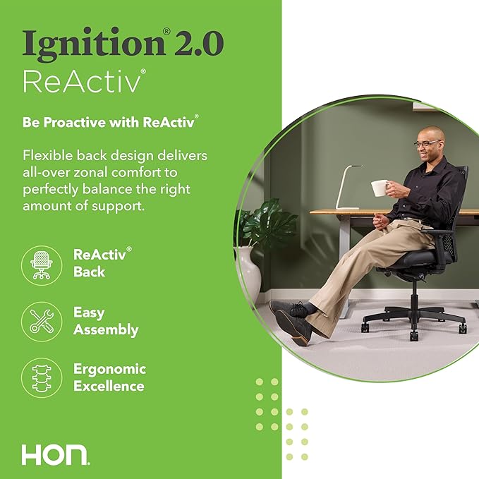 HON Ignition 2.0 ReActiv Office Chair Ergonomic Open Mesh-Style Back for High Airflow & Flex Support - Adjustable Lumbar, Synchro-Tilt Recline, Home Office Computer Desk Chair for Back Pain - Black - LeafyLoom