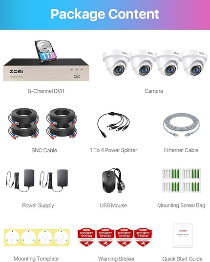 ZOSI 3K Lite Security Camera System with 1TB Hard Drive,AI Human/Vehicle Detection,Night Vision,H.265+ 8Channel HD TVI DVR Recorder,4pcs 1080P HD 1920TVL Indoor Outdoor Surveillance CCTV Dome Cameras ZOSI