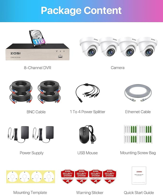 ZOSI 3K Lite Security Camera System with 1TB Hard Drive,AI Human/Vehicle Detection,Night Vision,H.265+ 8Channel HD TVI DVR Recorder,4pcs 1080P HD 1920TVL Indoor Outdoor Surveillance CCTV Dome Cameras ZOSI