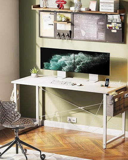 KKL Small Desk with Power Outlets and USB Port Computer Desk for Home Office Gaming Simple Modern Style Writing Desks with Storage Bag Headphone Hook, 48 inch, White - LeafyLoom