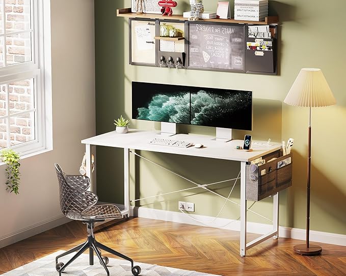 KKL Small Desk with Power Outlets and USB Port Computer Desk for Home Office Gaming Simple Modern Style Writing Desks with Storage Bag Headphone Hook, 48 inch, White - LeafyLoom