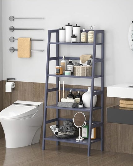 Homykic Bamboo Ladder Shelf 4-Tier Bookshelf, 49.2” Freestanding Open Bookcase Book Shelf Bathroom Storage Shelf Unit Plant Stand for Living Room, Bedroom, Small Space, Home Office, Blue Grey - LeafyLoom