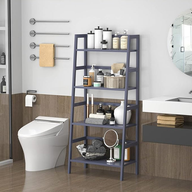 Homykic Bamboo Ladder Shelf 4-Tier Bookshelf, 49.2” Freestanding Open Bookcase Book Shelf Bathroom Storage Shelf Unit Plant Stand for Living Room, Bedroom, Small Space, Home Office, Blue Grey - LeafyLoom