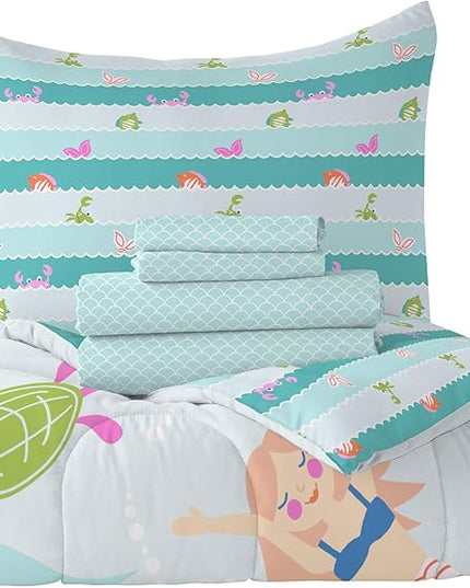 dream FACTORY Kids 5-Piece Complete Set Easy-Wash Super Soft Microfiber Comforter Bedding, Twin, Light Blue Mermaid Dreams - LeafyLoom