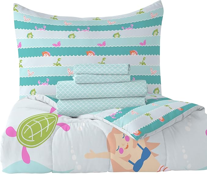 dream FACTORY Kids 5-Piece Complete Set Easy-Wash Super Soft Microfiber Comforter Bedding, Twin, Light Blue Mermaid Dreams - LeafyLoom