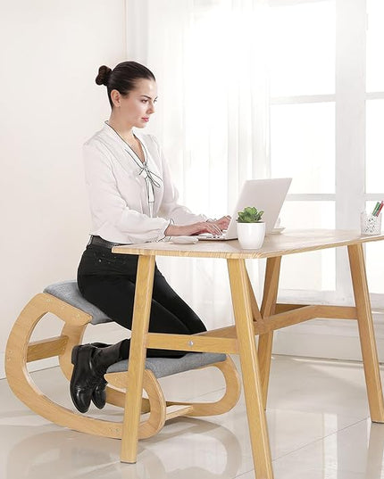 Predawn Ergonomic Kneeling Chair,Rocking Knee Chair Upright Posture Chair for Home Office Meditation Wooden & Linen Cushion-Office Chair for Back Neck Pain Relief & Improving Posture (White Oak-Grey) - LeafyLoom