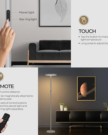 FIMEI Floor Lamp for Living Room, Saturn Ring Original Design, LED Bright Rotatable Modern Floor Lamp, Stepless Dimming and 3 Color Temperatures, Touch/Remote Control, for Bedroom Office, Gray - LeafyLoom