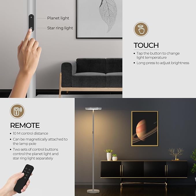 FIMEI Floor Lamp for Living Room, Saturn Ring Original Design, LED Bright Rotatable Modern Floor Lamp, Stepless Dimming and 3 Color Temperatures, Touch/Remote Control, for Bedroom Office, Gray - LeafyLoom