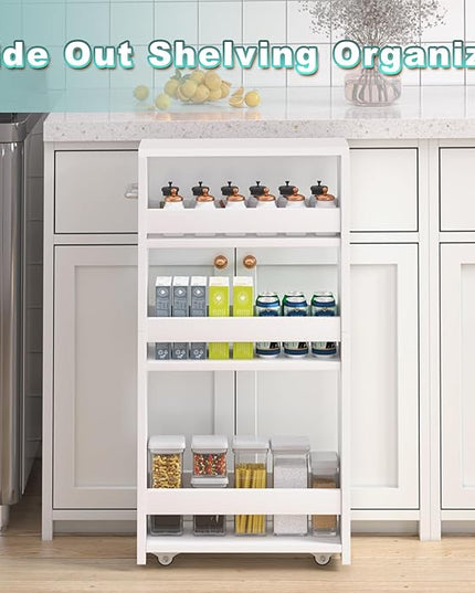 MARTY White Slim Storage Cart with Wheels, 4 Tier Rolling Utility Cart with Handle Slide Out Shelving Unit Organizer Trolley for Laundry Kitchen Bathroom Narrow Places Small Corner - LeafyLoom