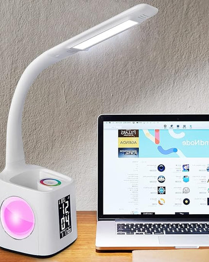 Study LED Desk Lamp with USB Charging Port, Kids Dimmable LED Table Lamp with Clock and Pen Holder, Home Office, College Student Dormitory, Reading Eye Protection Desk Lamp, Color Night Light,10W - LeafyLoom