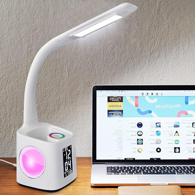 Study LED Desk Lamp with USB Charging Port, Kids Dimmable LED Table Lamp with Clock and Pen Holder, Home Office, College Student Dormitory, Reading Eye Protection Desk Lamp, Color Night Light,10W - LeafyLoom