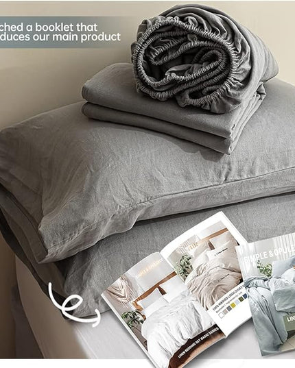 Simple&Opulence 100% Linen Sheet Set Solid Color-4 Pcs Washed French Linen Bed Sheets(1 Flat Sheet,1 Fitted Sheet,2 Pillowcases)-Breathable Bedding Set (Grey, King) - LeafyLoom
