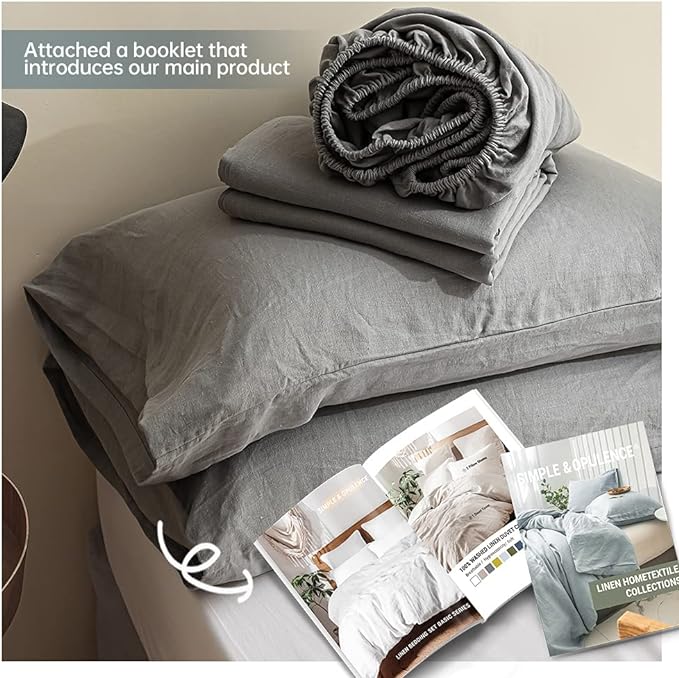 Simple&Opulence 100% Linen Sheet Set Solid Color-4 Pcs Washed French Linen Bed Sheets(1 Flat Sheet,1 Fitted Sheet,2 Pillowcases)-Breathable Bedding Set (Grey, King) - LeafyLoom