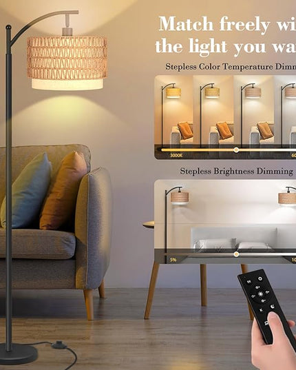 PESRAE Boho Farmhouse Rattan Floor Lamps for Living Room with Remote Control Stepless Dimmable Bulb,Standing Floor Lamp with 360°Adjustable Rattan Lampshade for Living Room, Bedroom,Office - LeafyLoom