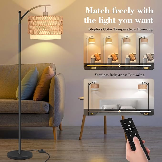 PESRAE Boho Farmhouse Rattan Floor Lamps for Living Room with Remote Control Stepless Dimmable Bulb,Standing Floor Lamp with 360°Adjustable Rattan Lampshade for Living Room, Bedroom,Office - LeafyLoom