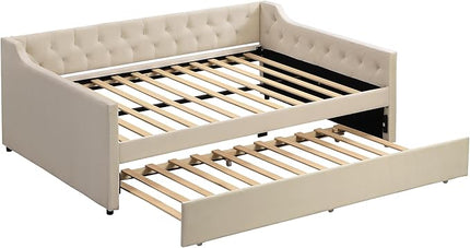 Full Size Velvet Upholstered Tufted Daybed with Twin-Size Trundle,Modern Wood Bed Frame w/Armrests,Slat Support,No Box Spring Needed,Daybeds for Apartment,Bedroom,Guest Room,Beige - LeafyLoom