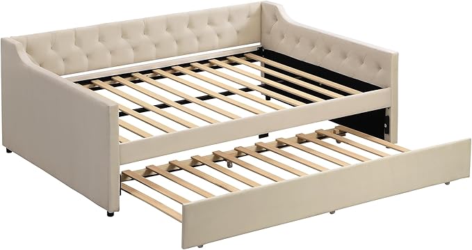 Full Size Velvet Upholstered Tufted Daybed with Twin-Size Trundle,Modern Wood Bed Frame w/Armrests,Slat Support,No Box Spring Needed,Daybeds for Apartment,Bedroom,Guest Room,Beige - LeafyLoom