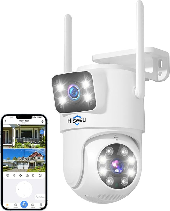 Hiseeu Wireless Security Camera Dual Lens 5G/2.4G WiFi PTZ Camera Outdoor,Power Cord,IP65 Waterproof Motion Tracking,Color Night Version, No-Monthly Fees Works with Wireless Camera System Hiseeu