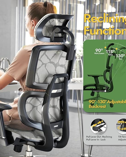 Office Chair Ergonomic Desk Chair, ALL-Mesh High Back Home Office Chair Lumbar Support, Reclining Gaming Chair Adjustable Armrests Headrest, Big and Tall Swivel Computer Chair 330LBS (Grey) - LeafyLoom