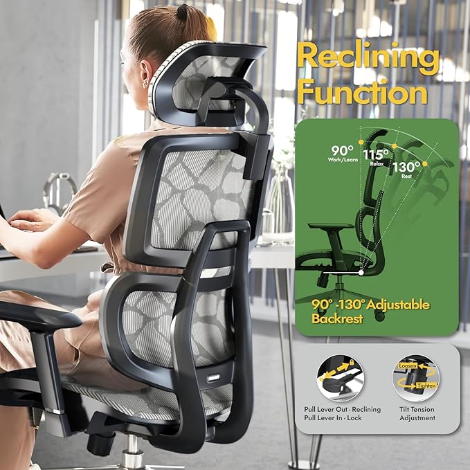Office Chair Ergonomic Desk Chair, ALL-Mesh High Back Home Office Chair Lumbar Support, Reclining Gaming Chair Adjustable Armrests Headrest, Big and Tall Swivel Computer Chair 330LBS (Grey) - LeafyLoom