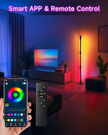 Corner Floor Lamp - Black RGB LED Floor Lamp with Music Sync and 16 Million DIY Colors, App & Remote Control, Color Changing Modern Smart Corner Lamp for Bedroom Living Room - LeafyLoom