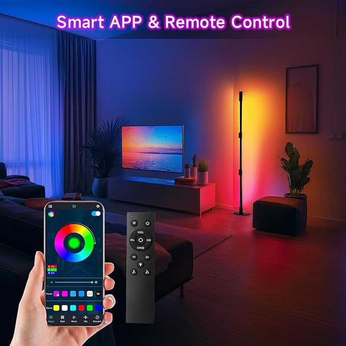 Corner Floor Lamp - Black RGB LED Floor Lamp with Music Sync and 16 Million DIY Colors, App & Remote Control, Color Changing Modern Smart Corner Lamp for Bedroom Living Room - LeafyLoom