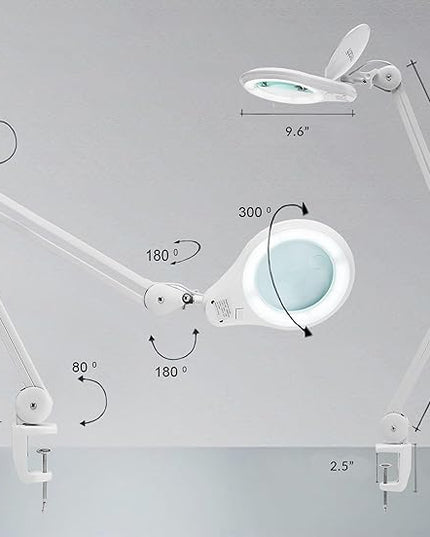 Neatfi (New Model Bifocals 1,200 Lumens Super LED Magnifying Lamp with Clamp, 5D + 20D, Dimmable, 60 Pcs SMD LED, 5 Inches Diameter Lens, Adjustable Arm (5 Diopter + 20 Diopter, White) - LeafyLoom