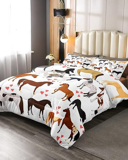 Kawaii Comforter Horse Comforter Set Queen Farm Bedding Set Kids Boys Girls Cute Animal Duvet Set Cartoon Horses with Pink Lover Heart Bedroom Decor Duvet Set Cowboy Cowgirls Comforter Set - LeafyLoom