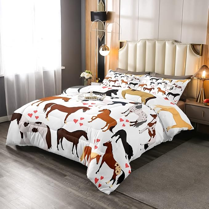 Horse Comforter Set Twin Farm Bedding Set Kids Boys Girls Teens Cute Animal Duvet Set Cartoon Horses With Pink Lover Heart Decor Kawaii Quilt Set Soft Lightweight Cowboy Cowgirls Comforter Set - LeafyLoom