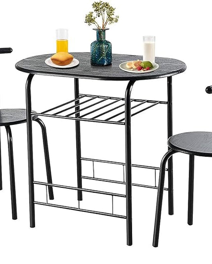 DORTALA 3PCS Dining Table Set, 1 table & 2 chairs set, 3 Piece Compact Dining Set, Oval Table & Mid-back Chairs w/Built-in Wine Rack, Suitable for Small Space, Black - LeafyLoom