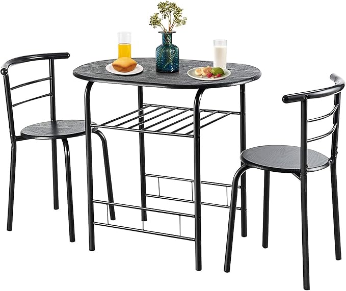 DORTALA 3PCS Dining Table Set, 1 table & 2 chairs set, 3 Piece Compact Dining Set, Oval Table & Mid-back Chairs w/Built-in Wine Rack, Suitable for Small Space, Black - LeafyLoom