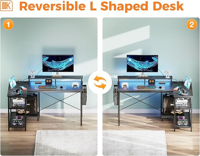 ODK 48 Inch Gaming Desk with USB Charging Ports and LED Lights, Reversible L Shaped Computer Desk with Storage Shelves & Monitor Stand, Corner Gamer Desk Table with Power Outlets, Carbon Fiber Black - LeafyLoom