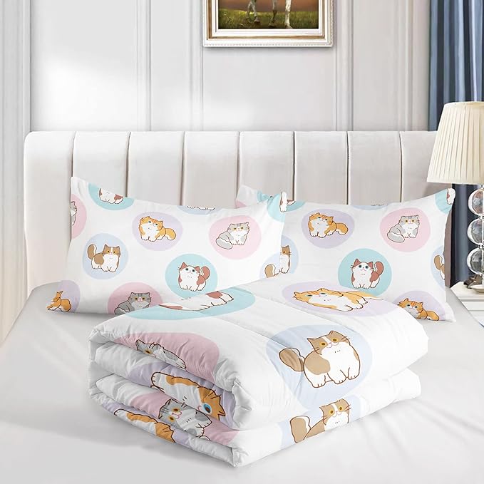 Datura home White Kawaii Cat Comforter Bedding Set Girls Kitten White Print Cute Animal Pattern Bedding Set 1 Comforter 2 Pillowcases Girls Bedroom All Season(Cat White Full) Full 80x90'' - LeafyLoom