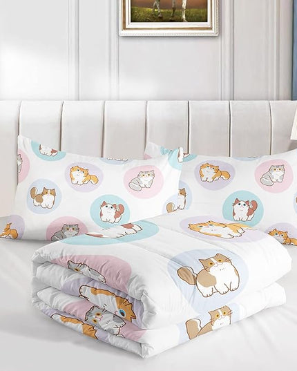 Datura home White Kawaii Cat Comter Bedding Set Girls Kitten White Print Cute Animal Pattern Bedding Set with 1 Comter and 2 Pillowcases Girls Bedroom All Season(Cat White), Queen 90x90inches - LeafyLoom